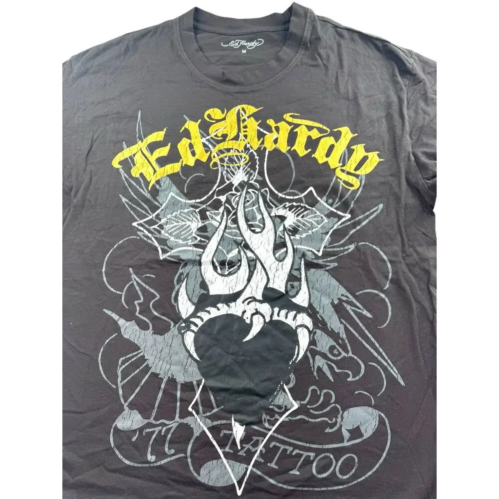Ed Hardy Cross Heart Boxy T Shirt Archival Tattoo Mens M Black Short Sleeve Y2K